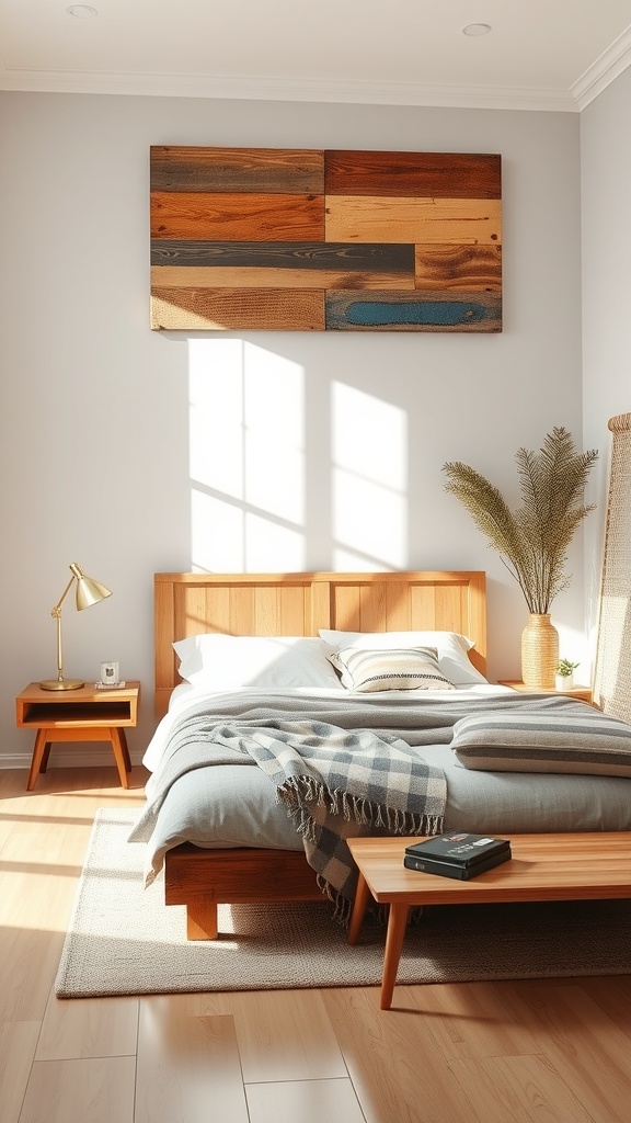 A cozy bedroom featuring upcycled wooden pallet art above the bed, with natural light illuminating the space.