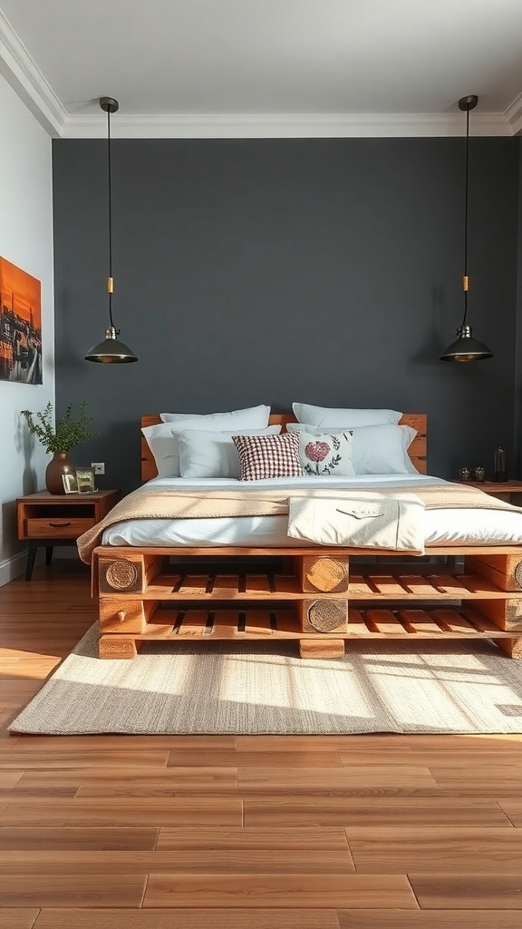 A stylish bedroom featuring a bed frame made from wooden pallets, with soft bedding and decorative pillows.