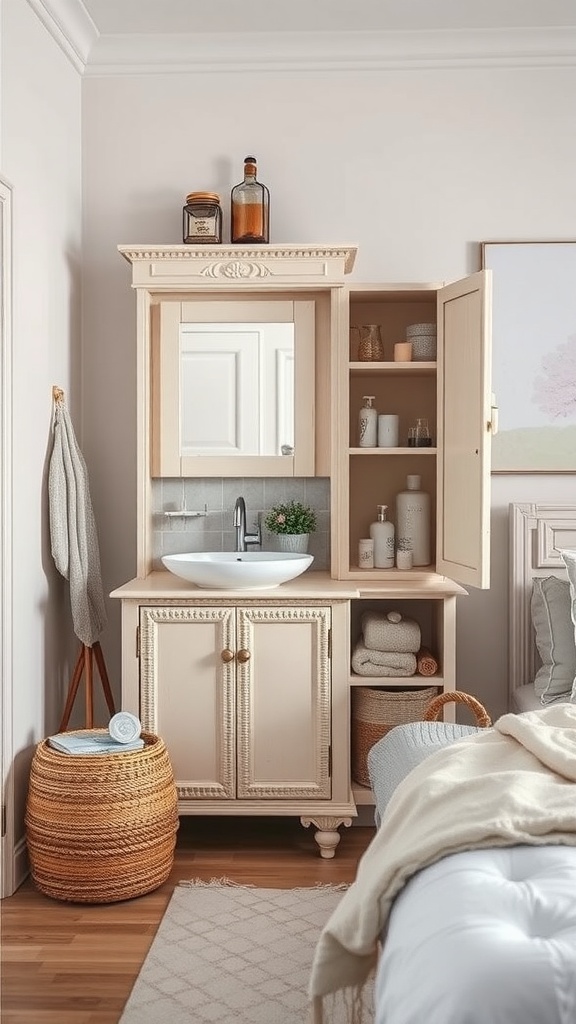 A stylish upcycled bathroom cabinet repurposed for bedroom use, featuring a sink and open shelves, with a woven basket nearby.