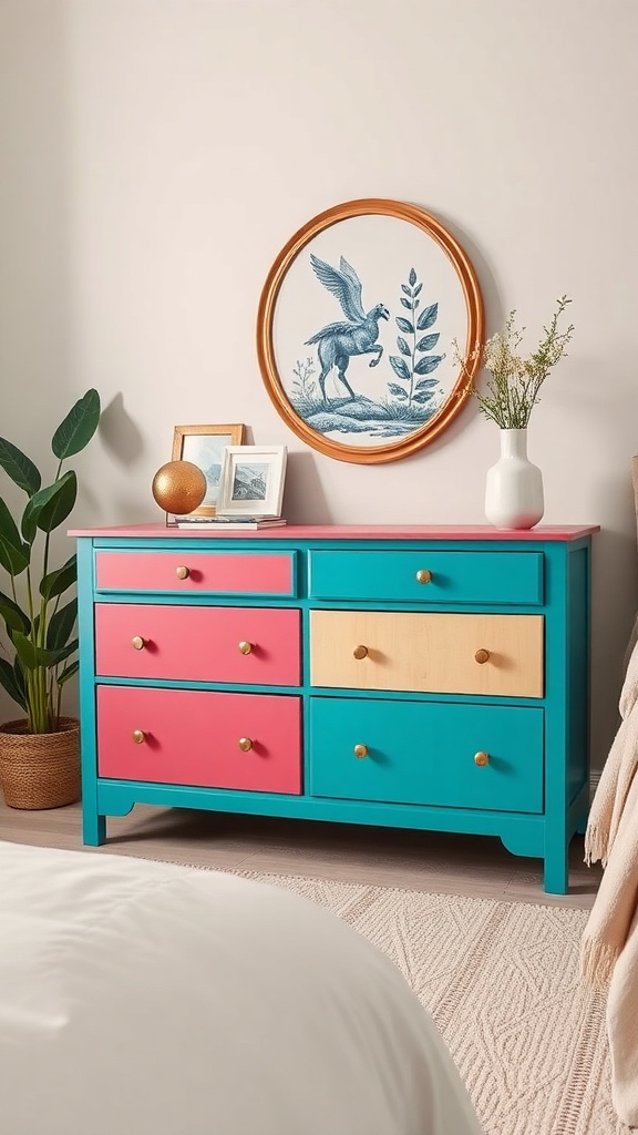 Colorful upcycled dresser with teal, pink, and wood accents in a cozy bedroom setting
