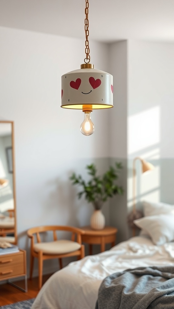 A colorful pendant lamp with heart designs hanging in a cozy bedroom.