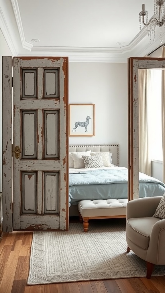 A stylishly repurposed old door serving as a room divider in a cozy bedroom setting.