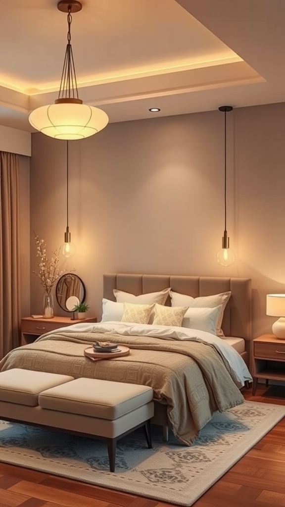 Modern bedroom with stylish pendant lighting fixtures and warm color tones.