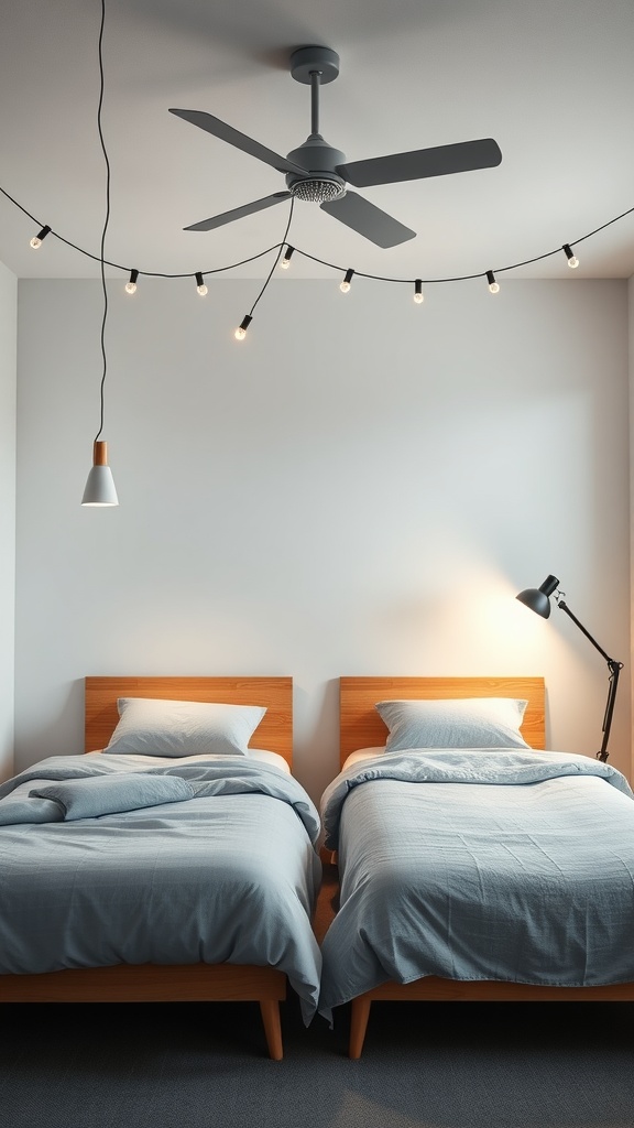 A shared bedroom featuring two twin beds with updated lighting solutions, including a ceiling fan and string lights.