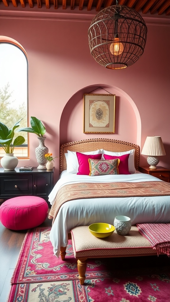A cozy Moroccan-inspired bedroom featuring pink walls, colorful cushions, and stylish decor