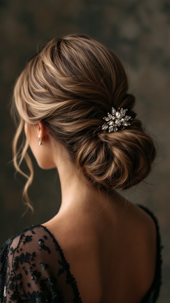 A woman with a styled updo and a statement hairpin, showcasing elegance for a formal event.