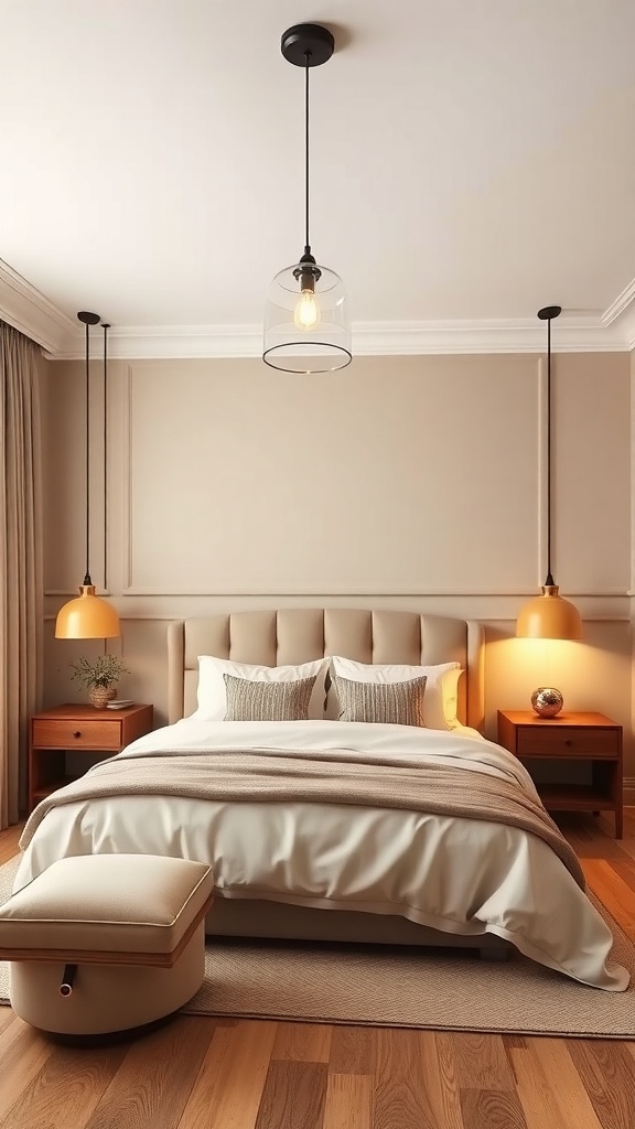 A cozy bedroom with modern lighting fixtures, featuring pendant lights and warm-toned lamps.