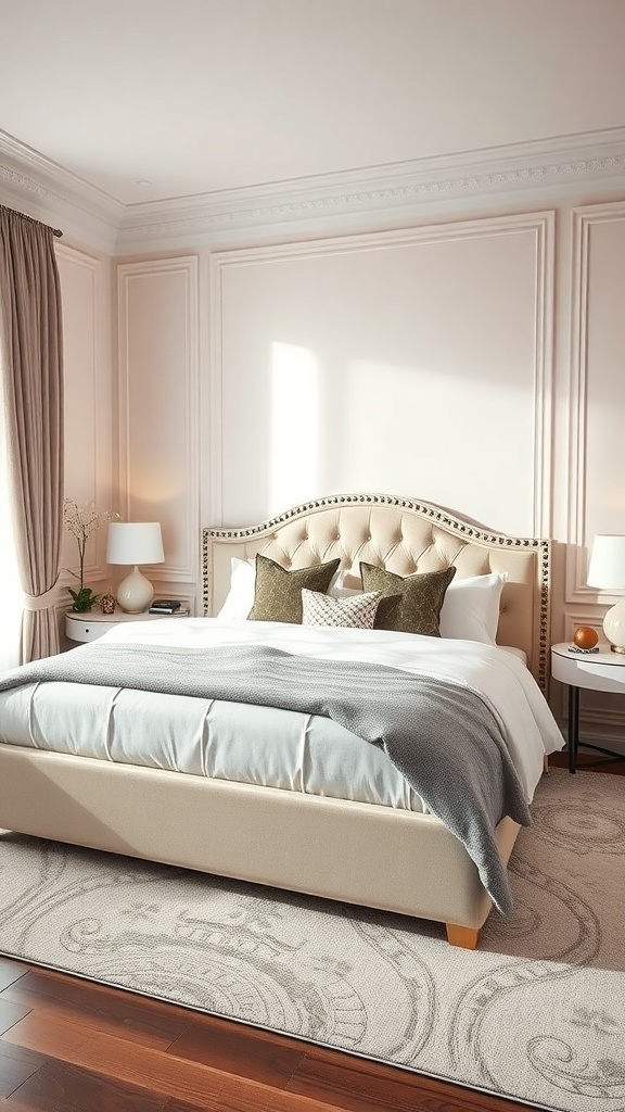 A stylish upholstered corner bed with a tufted headboard, soft bedding, and decorative pillows in a cozy bedroom setting.