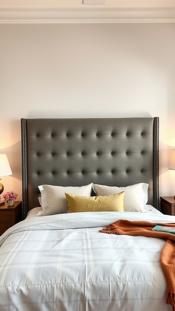 A stylish grey upholstered headboard with tufted design in a cozy bedroom setting