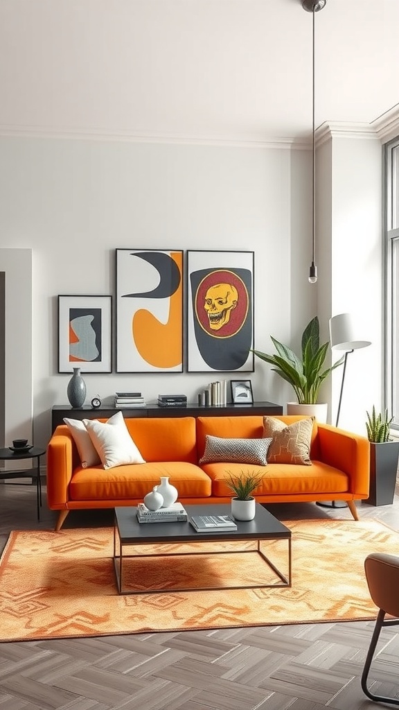 A stylish living room featuring an orange sofa, modern art on the walls, and minimalistic decor.