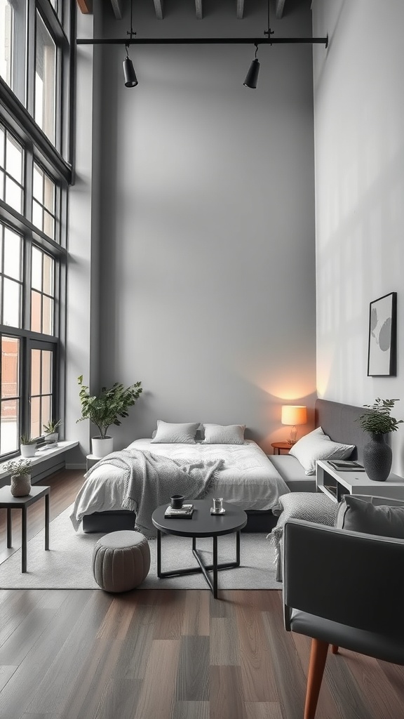 A modern gray bedroom with large windows, minimalist furniture, and a cozy bed.