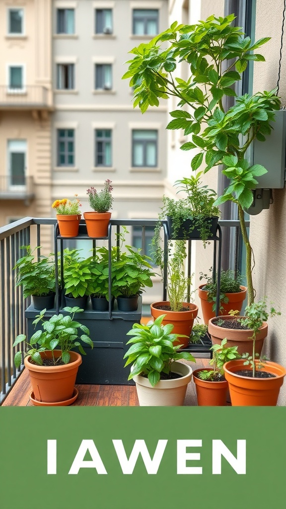 A vibrant patio herb garden with various pots containing herbs and plants.