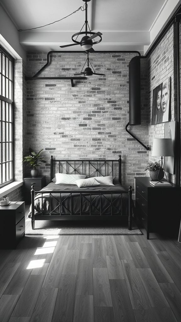 A black and white bedroom featuring an industrial design with exposed brick wall, metal bed frame, and wooden flooring.