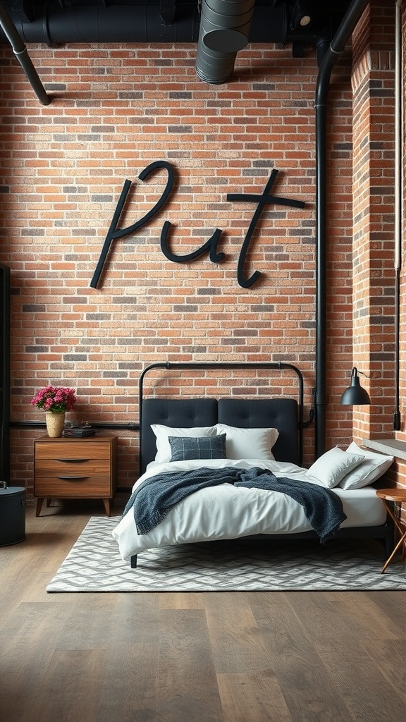 A cozy bedroom featuring an exposed brick wall, a dark metal bed frame, and a stylish area rug.