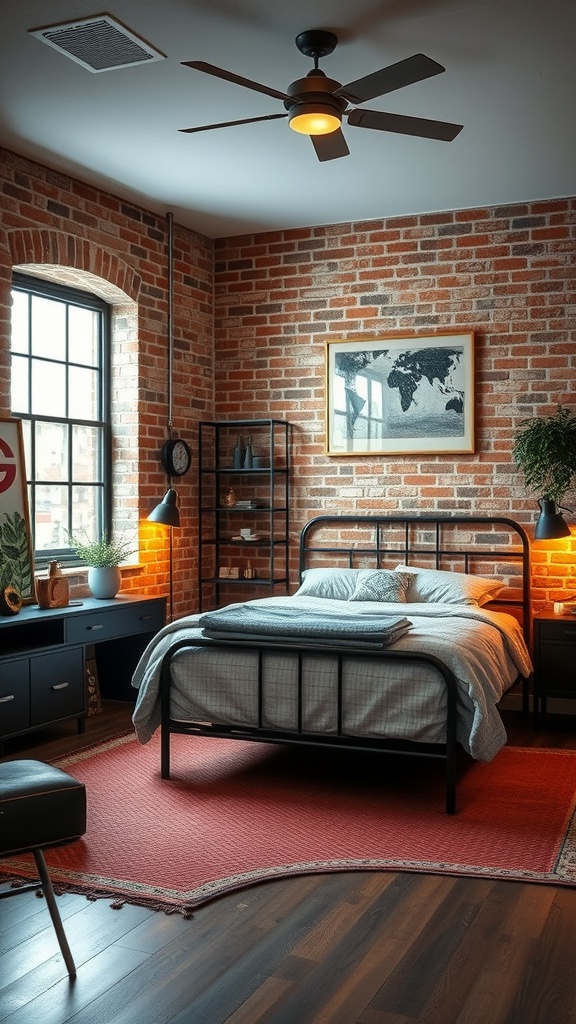 A stylish teen boy's bedroom featuring exposed brick walls, a metal bed frame, and industrial decor.