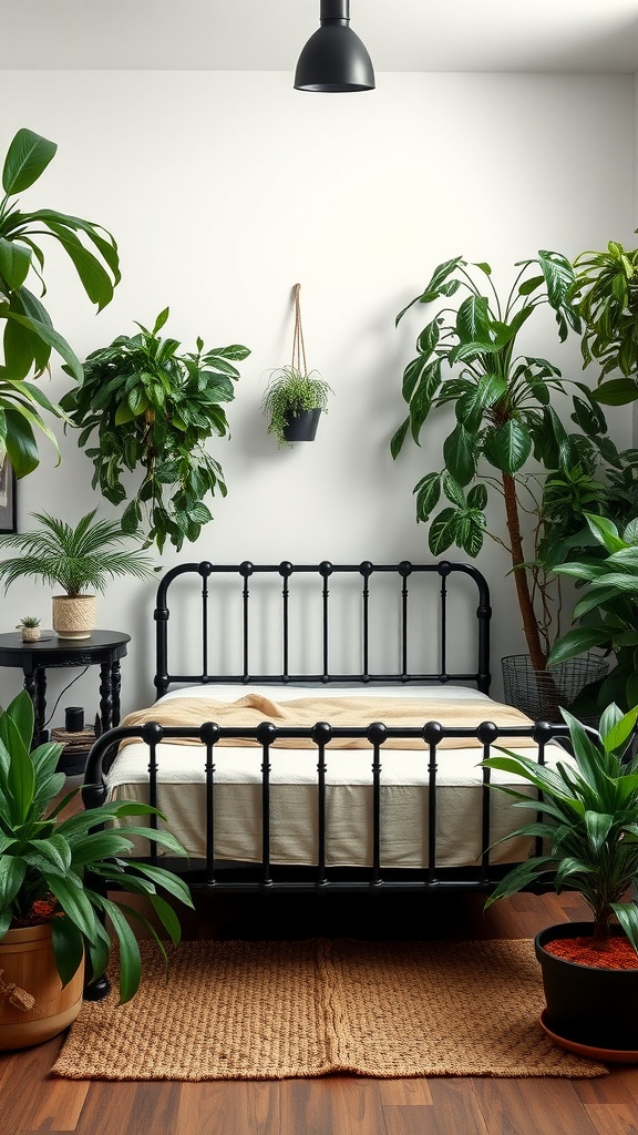 A bedroom featuring a black metal bed frame surrounded by various plants, creating an urban jungle vibe.