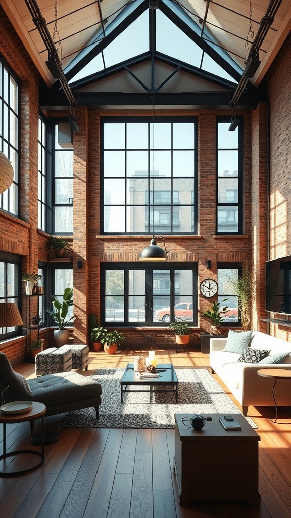 A spacious urban loft living room featuring exposed brick walls, large windows, and a mix of modern furniture and greenery.
