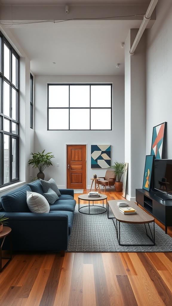 A cozy urban loft living room with a navy blue sofa, large windows, wooden flooring, and plants.