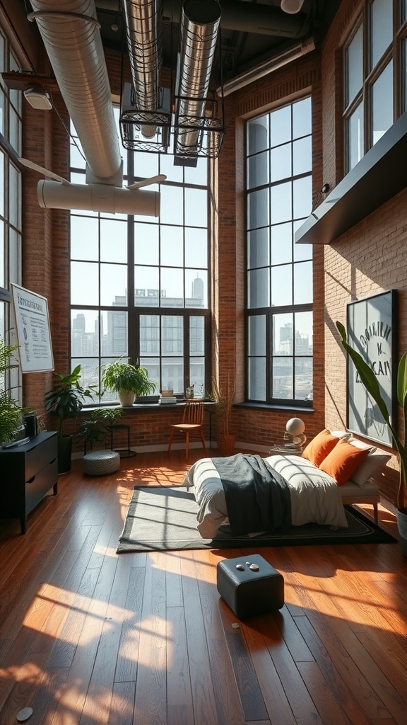 Urban loft style bedroom with large windows, wooden floors, and modern decor.