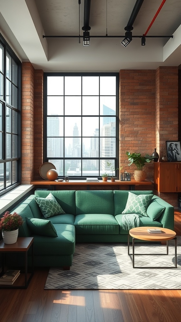 A stylish urban loft featuring a green sofa, large windows, and exposed brick walls.