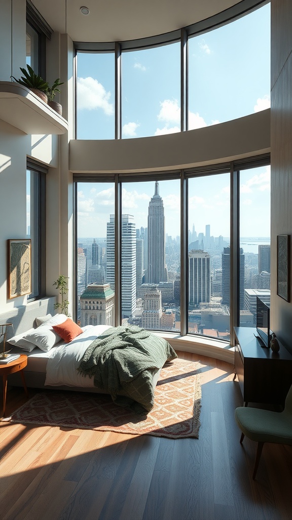 A modern loft bedroom with large windows showcasing a city view, featuring a cozy bed, plants, and stylish decor.