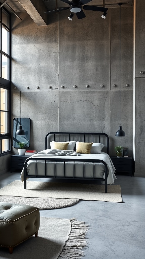 Urban loft bedroom featuring a sleek black metal bed frame with concrete walls and large windows.