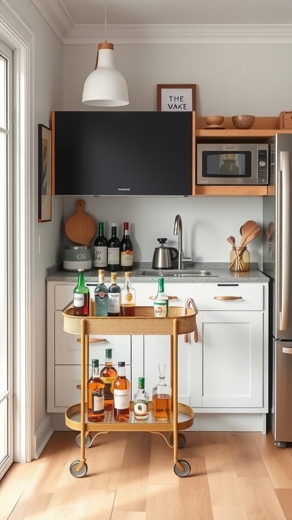 A stylish golden bar cart in a tiny kitchen, showcasing a selection of liquor bottles.