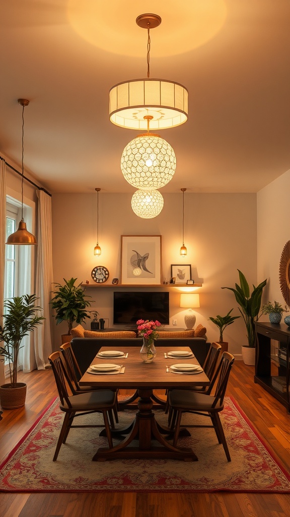 A beautifully lit dining room and living room combo showcasing pendant lights and warm decor.