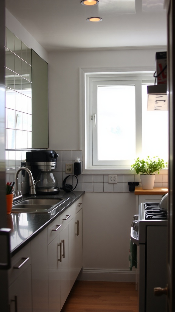 A small kitchen with a mirror on the wall, reflecting light and creating an illusion of space.
