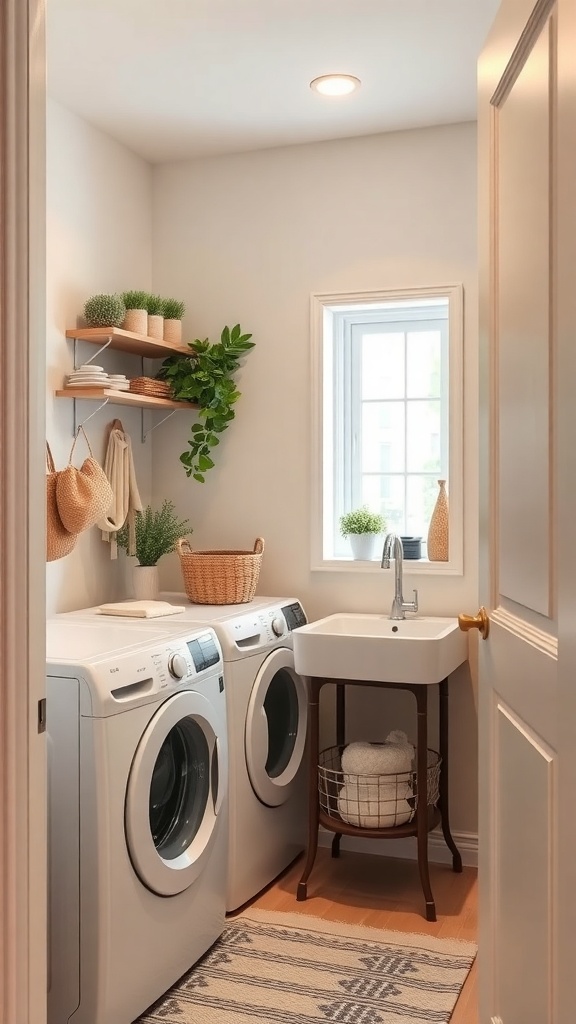 A small laundry room featuring two washing machines, a sink, and decorative plants.