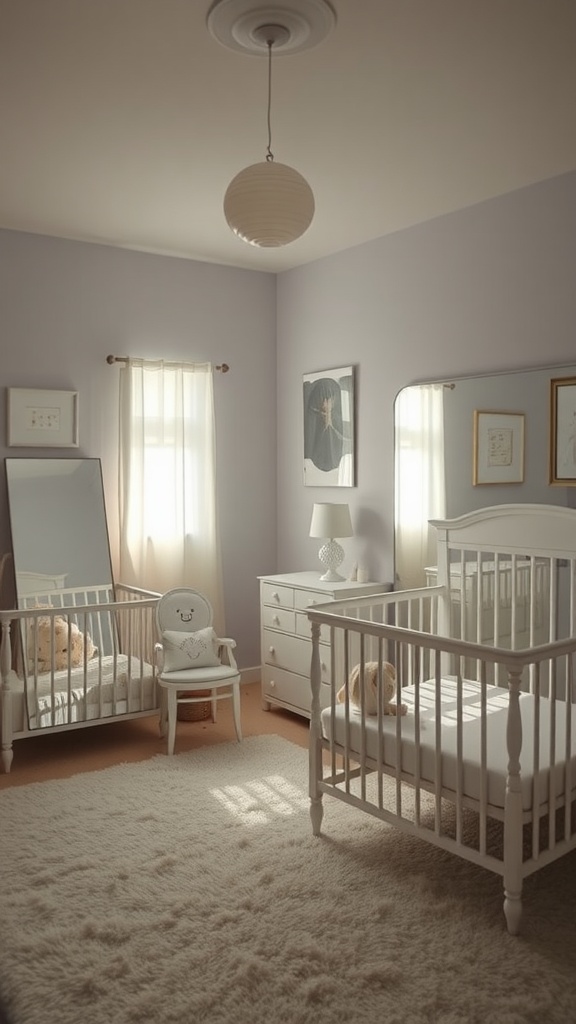 A cozy nursery with two white cribs, mirrors, and soft lighting.
