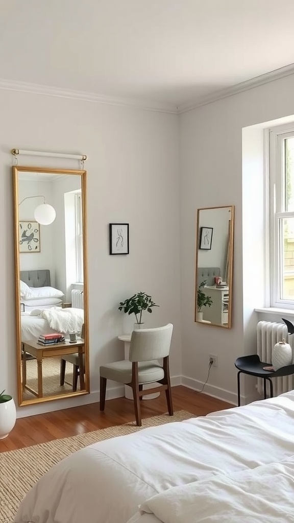 Bright and stylish bedroom featuring mirrors that reflect light