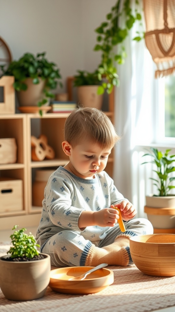 A toddler engaged in a practical life activity in a Montessori room, focused on transferring objects with wooden bowls and utensils.
