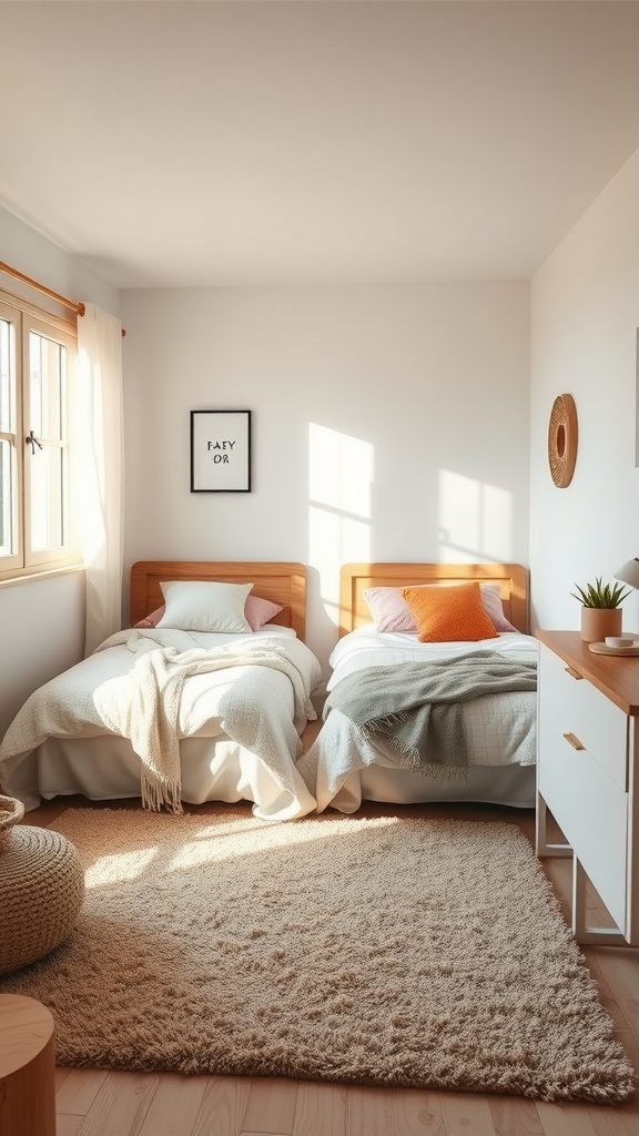 Shared bedroom with two twin beds and a soft rug on the floor.
