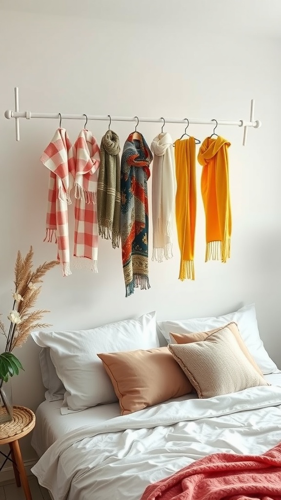 A tension rod displaying various scarves in a bedroom setting.