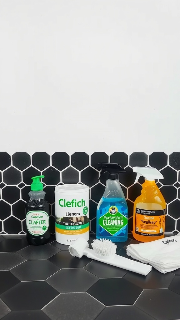Cleaning supplies for dark hexagon tile bathroom floor