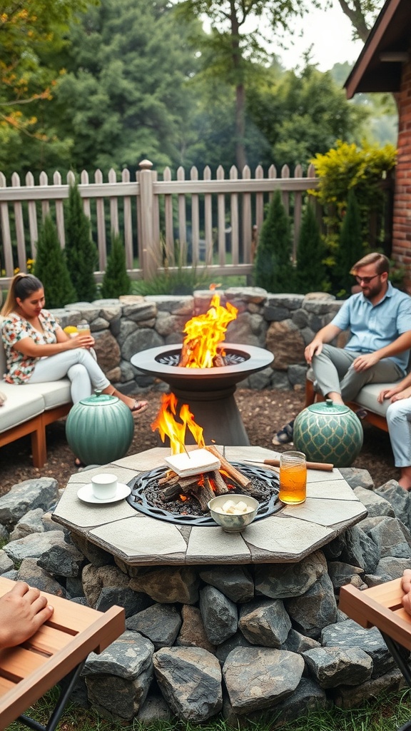 A cozy backyard scene featuring a fire pit surrounded by friends enjoying food and drinks.