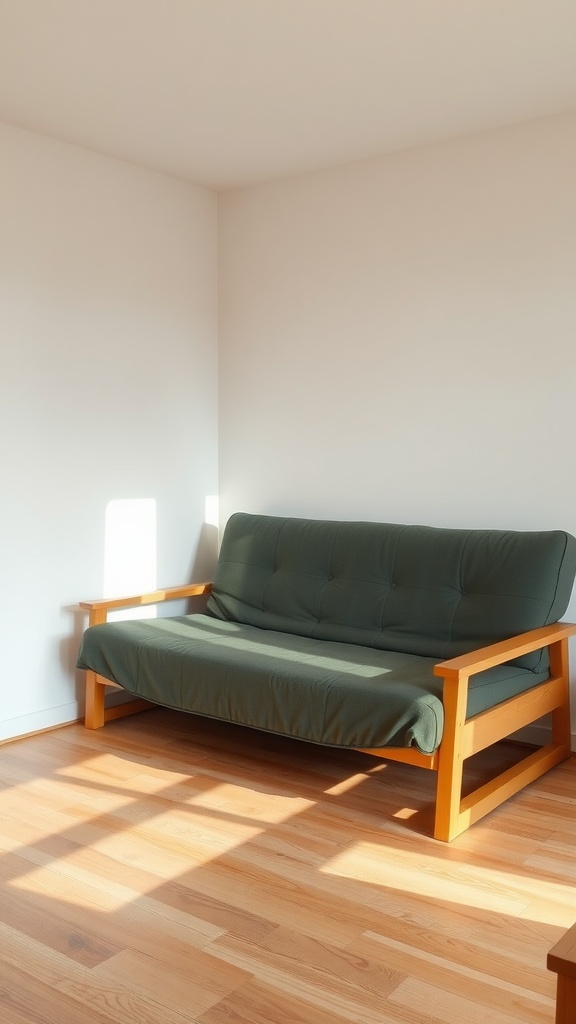 A simple green futon on a light wooden floor in a small room
