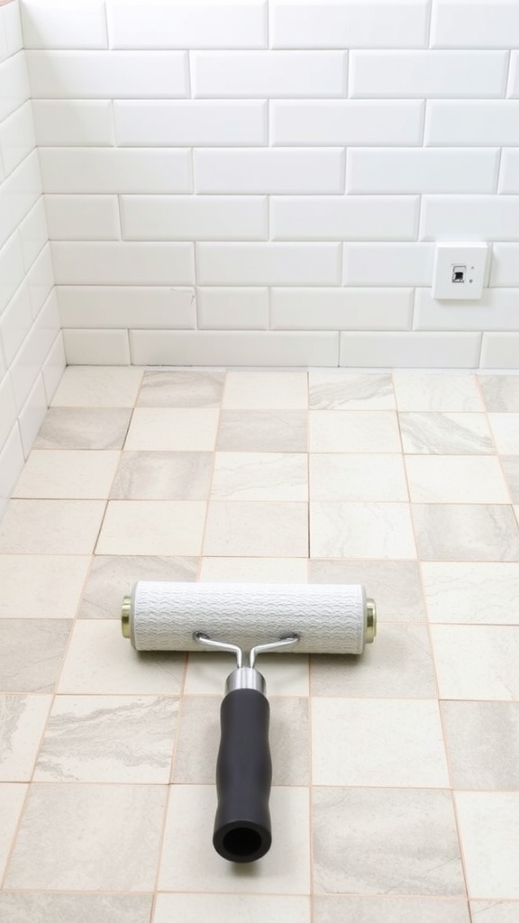 Paint roller on peel and stick floor tiles in a bathroom setting