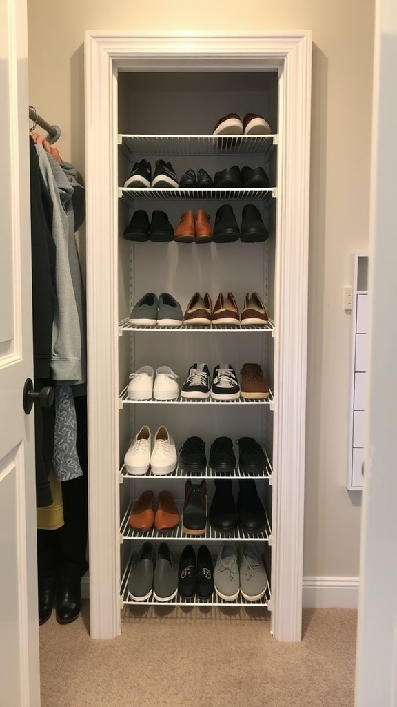 Organized shoe rack in a small closet with various types of footwear neatly arranged on shelves.