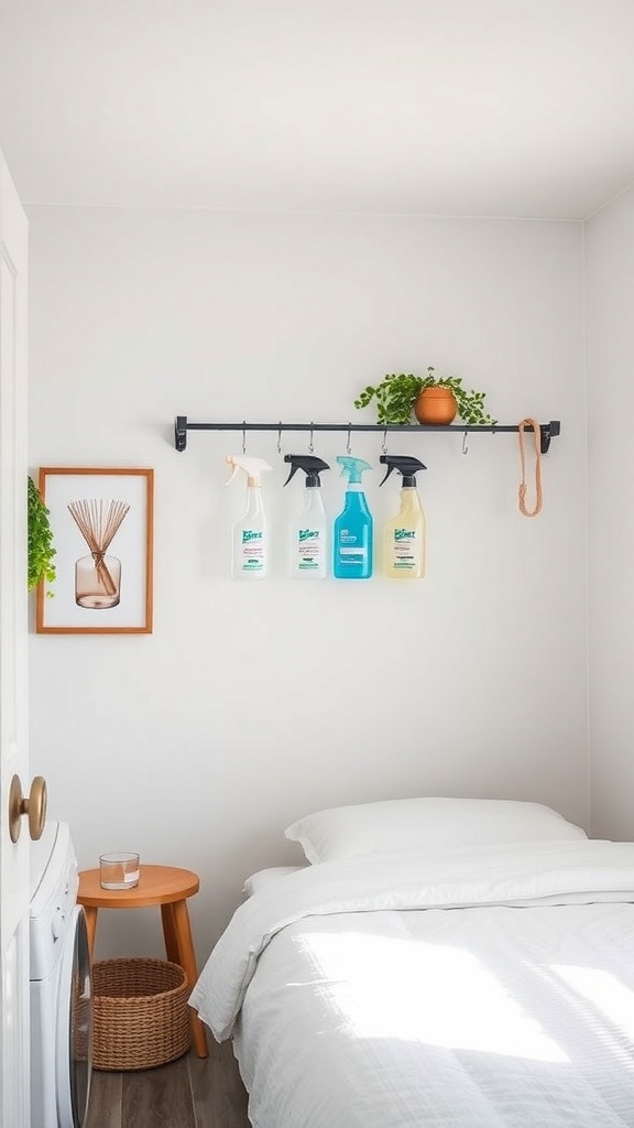 A utility room featuring a tension rod with cleaning supplies and a small plant.