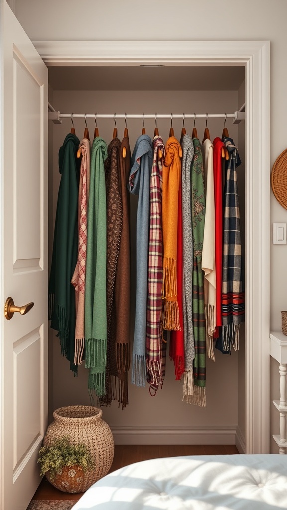 A closet organized with a tension rod holding colorful scarves
