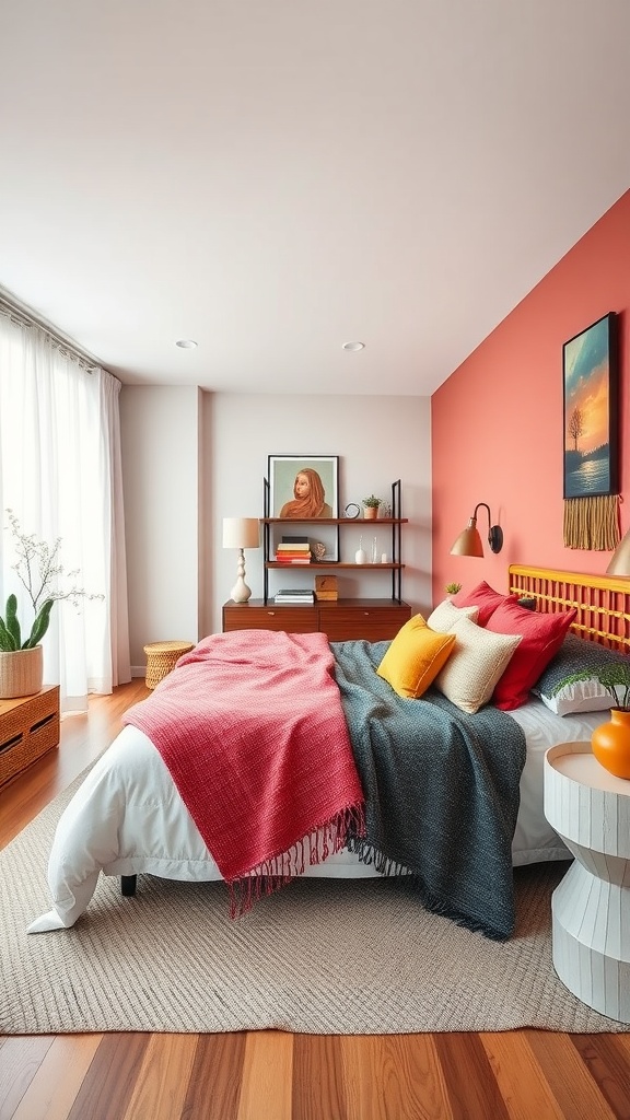 Long bedroom with coral accent wall, colorful throw pillows, and plants.