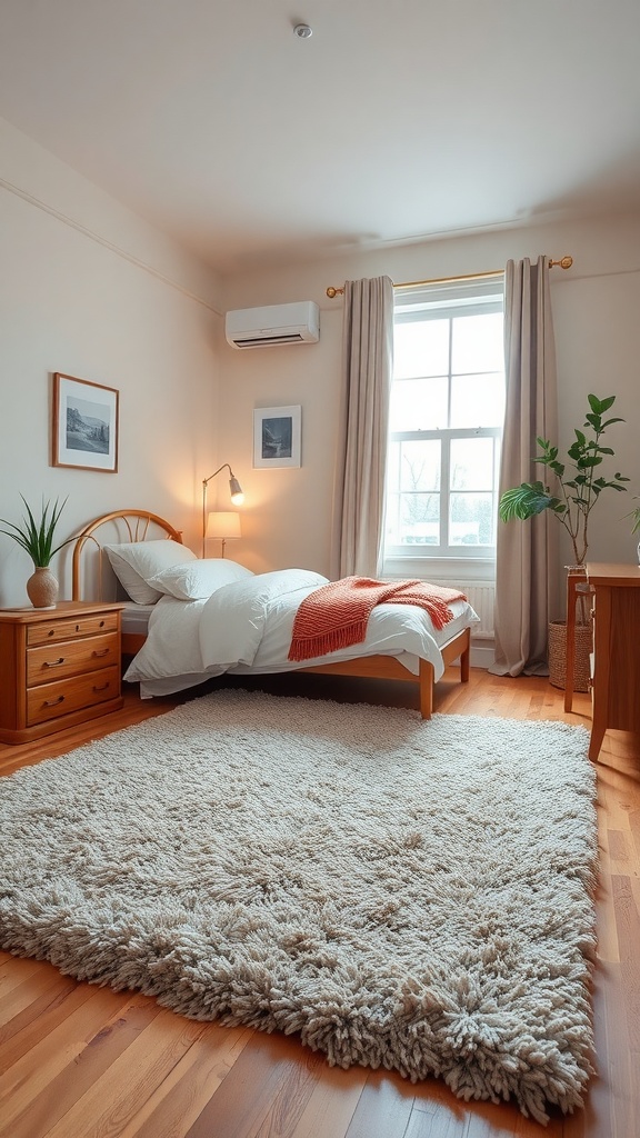 Cozy small bedroom featuring a soft area rug under a bed, with wooden furniture and plants.