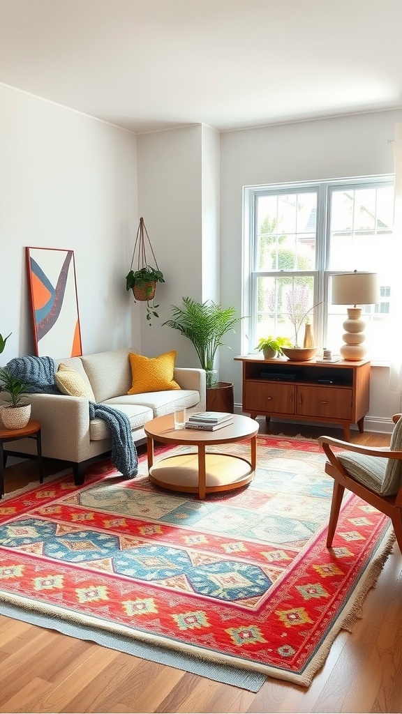 A cozy family room featuring a colorful area rug, a sofa with cushions, and a coffee table.