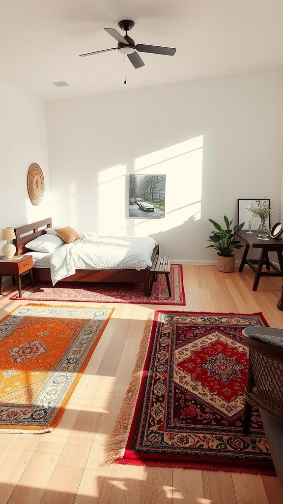 A bedroom featuring multiple area rugs, including an orange and a red one, defining spaces around a bed and a reading nook.