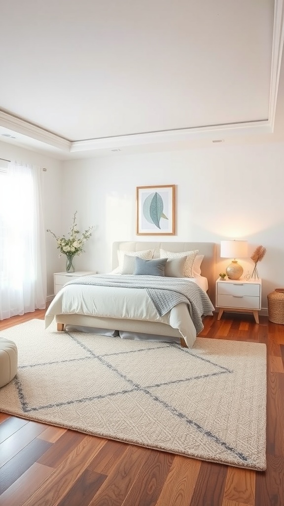 A cozy primary bedroom featuring a soft area rug under the bed, complemented by light decor and wooden flooring.