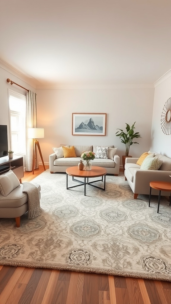 A cozy living room featuring a patterned area rug, two sofas, a coffee table, and a plant.