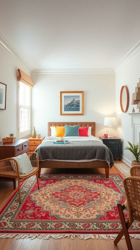 A cozy tiny bedroom featuring a bed, a colorful area rug, and stylish furniture.