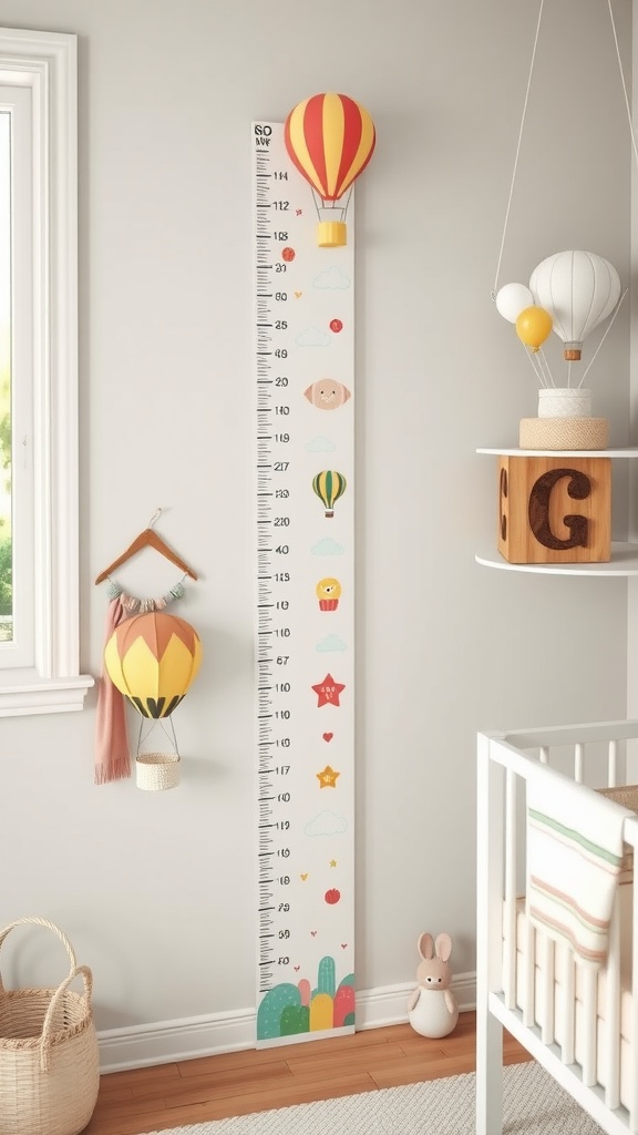 A growth chart featuring hot air balloons and playful designs, perfect for a nursery.